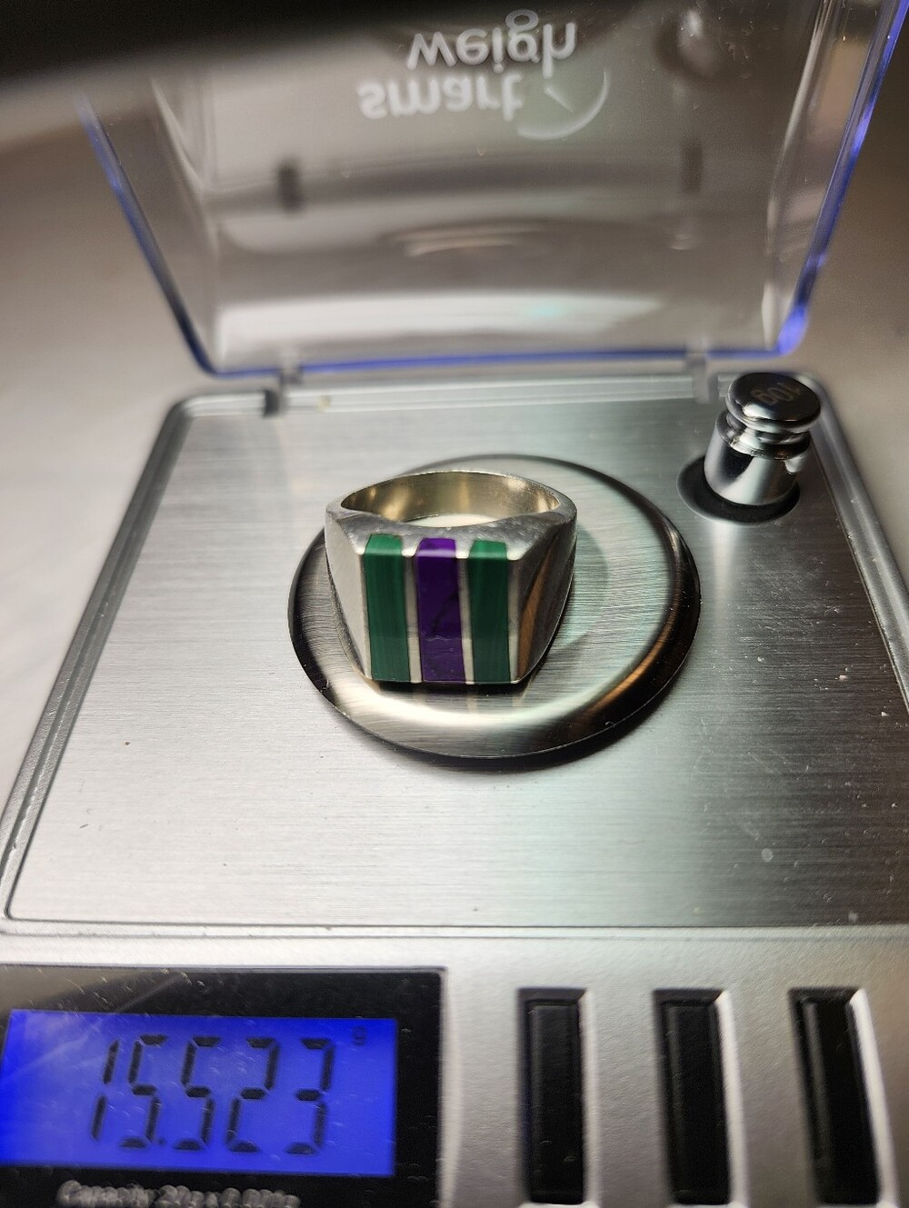 Mexico Silver 950  Men Ring with Green and Purple Inlay 9.5-10 Size
